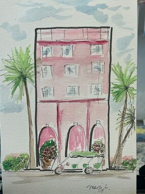 Original hand painted illustration,colony, Hotel Palm Beach wall decor signed